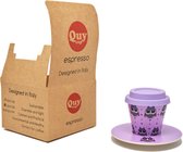 Quy Cup - 90ml Ecologische Reis Beker - Espressobeker “Owl” met schotel en Purple Siliconen deksel Set 1 Espresso Cup with Dish