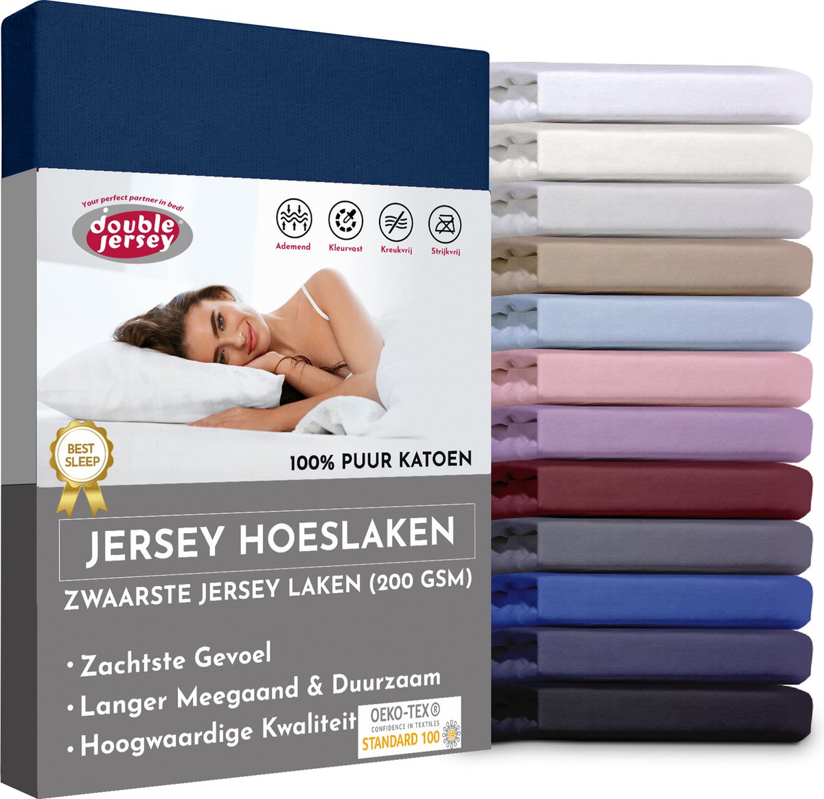 Double Jersey Hoeslaken - Hoeslaken 90x200+30 cm - 100% Katoen Marine Blauw