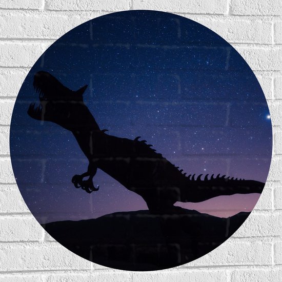 WallClassics - Muursticker Cirkel - Silhouette van een Dinosaurus in de Nacht - 70x70 cm Foto op Muursticker