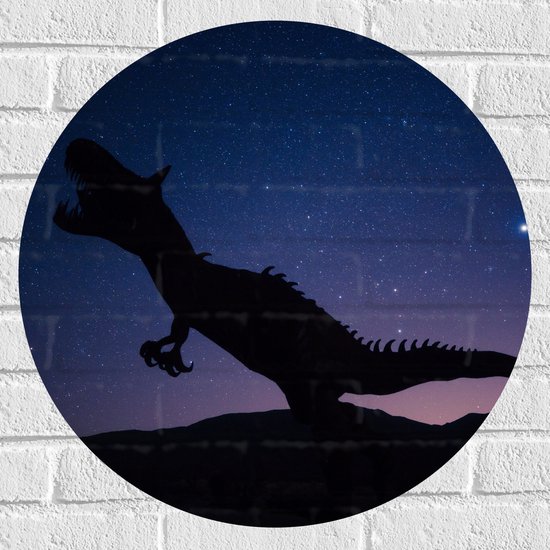 WallClassics - Muursticker Cirkel - Silhouette van een Dinosaurus in de Nacht - 60x60 cm Foto op Muursticker