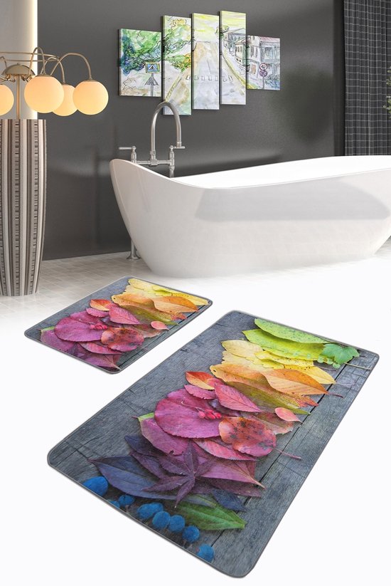 Badmat antislip 2 stuk set - 60x100 & 50x60 - 10mm dikte super zacht - Wc mat - Toiletmat - Kleurrijke bladeren - Deurmat - De Groen Home