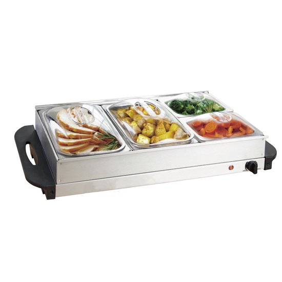 GoodVibes - Elektrische Buffetverwarmer met Verwarmingsplaat Functie - Temperatuurregelaar - Warmhoudapparaat - Voedselverwarmer - Warmhoudplaat - 2 x 2,5 Liter + 2 x 1 Liter - Roestvrij Staal / RVS — afbeelding 2