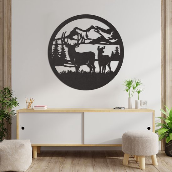 Décoration murale - Paysage Cerf - Bois - Art Décoration murale - Décoration Murale - Salon - Zwart - 59 x 59 cm