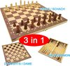 Afbeelding van het spelletje 3 in 1 draagbare opvouwbare houten set van schaak backgammon en dammen 34 x 34 cm