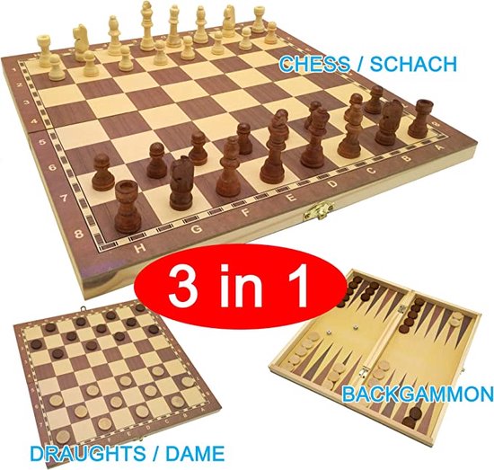 Afbeelding van het spel 3 in 1 draagbare opvouwbare houten set van schaak backgammon en dammen 34 x 34 cm