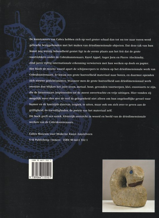 Boekcover 'Cobra 3 dimensionaal' met tekst en een gedetailleerde blauwe gravure van een spiraal en een kleine stenen sculptuur rechtsonder.