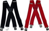 Flores Lederwaren - Duopack - Heren - Dames Bretels – 4 brede stalen clips bretel - Unisex volwassenen -Motorrijders – Spijkerbroek – Beroepskleding – Skikleding – Kleuren: Zwart en Rood.