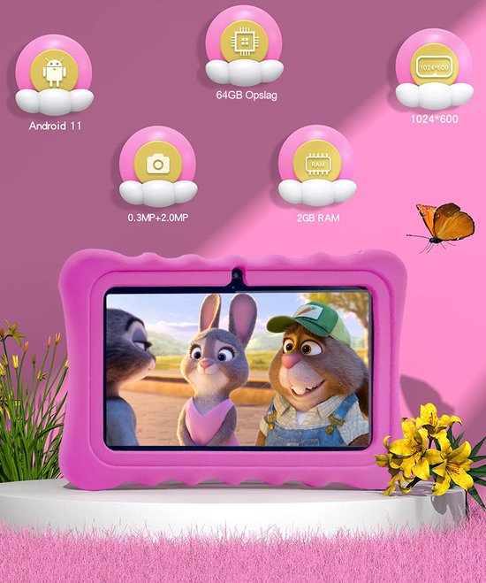 Kindertablet pro - 2 GB Werkheugen 64 GB Opslag - Android 11 - 100% Kidsproof en Veilig Internetten - Instelbare Schermtijd - Netflix disney+ squla parent contral - kindertablet vanaf 3 jaar - Roze - PlayToyz