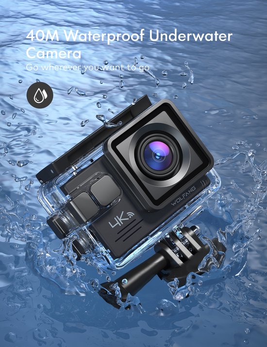 WOLFANG GA120 Action Cam 4K 20MP Wifi Camera, Onderwatercamera, 40 M Waterdichte 170 Graden Groothoek Dual Screen Vloggingcamera Met Eis Beeldstabilisatie Helmhouder Accessoirekit 802046974