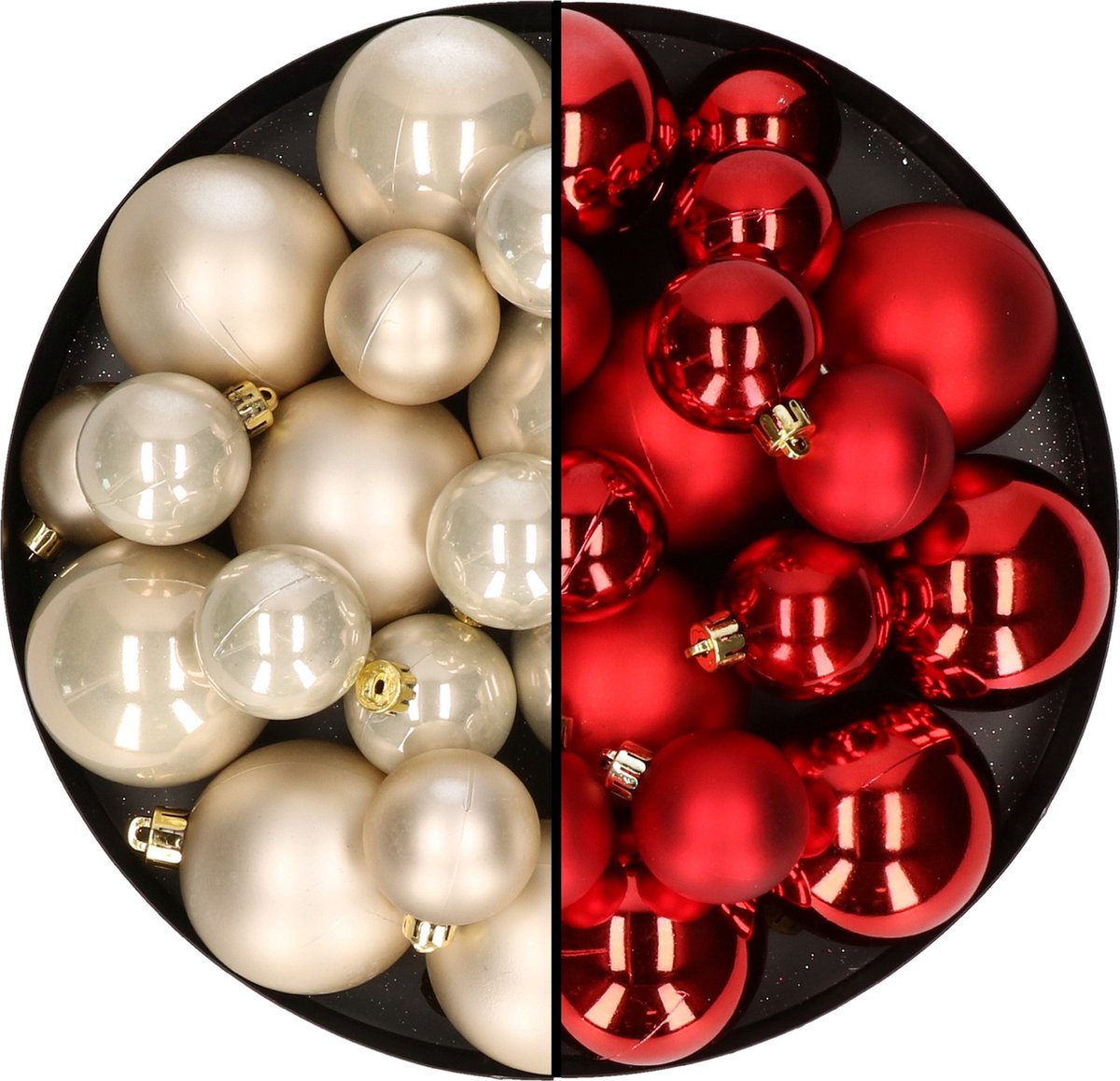 Kerstversiering kunststof kerstballen kleuren mix rood/champagne 4-6-8 cm pakket van 68x stuks
