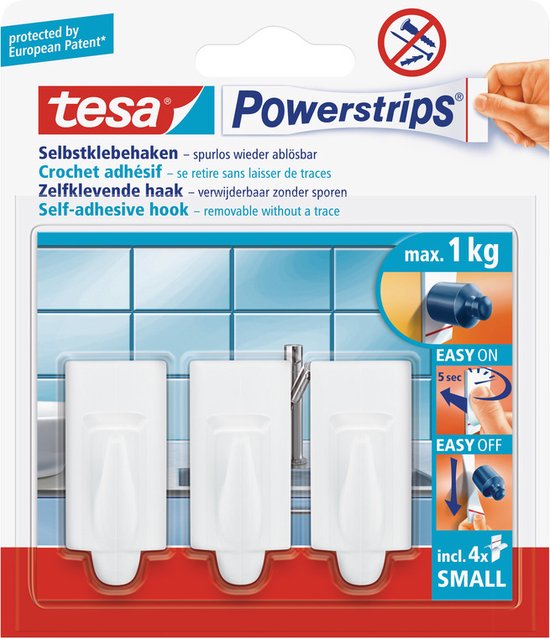 Drie witte Tesa Powerstrips kleine zelfklevende haken, verwijderbaar zonder sporen, max. 1 kg