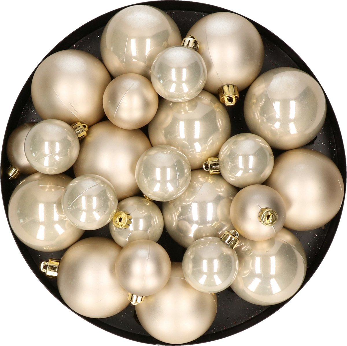 Feestelijke kunststof kerstballen in parel/champagne kleur, maten 6-8-10 cm, pakket van 22 stuks - Kerstboomversiering.