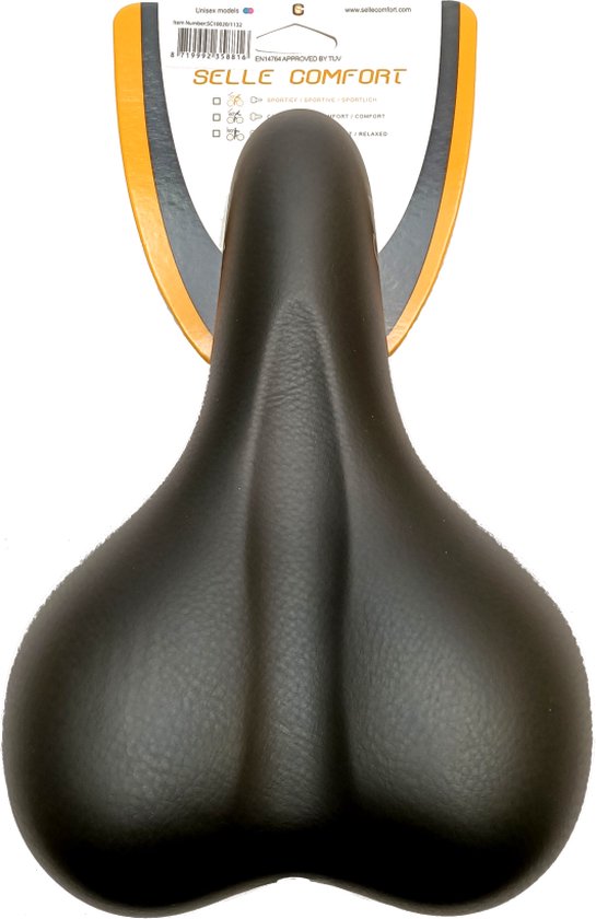 Zwart fietszadel van Selle Comfort met een gelvulling. Het zadel is 26 x 18 cm.