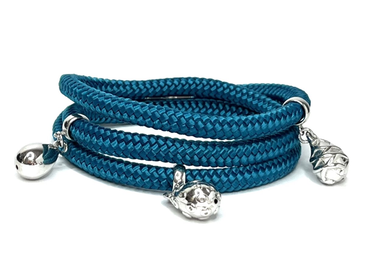 NIEUW - Jolla - dames wikkelarmband - zilver - touw - bedels - Charm Rope Wrap - Aqua