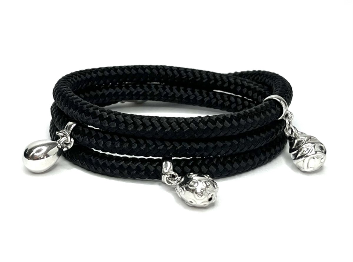 NIEUW - Jolla - dames wikkelarmband - zilver - touw - bedels - Charm Rope Wrap - Zwart