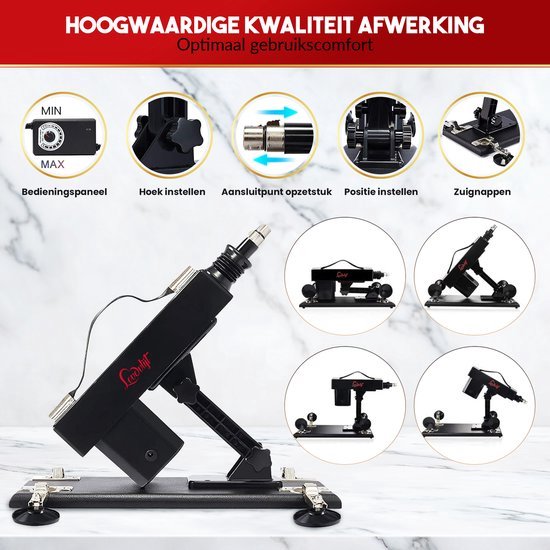 Zwarte seksmachine met bedieningspaneel, instelbare hoek, aansluiting, positie-instellingen en zuignappen. Close-ups tonen de functies.