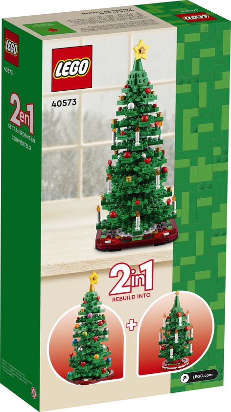 Emballage LEGO 40573 montrant les options 2-en-1 : sapin avec boules et sapin avec bougies.