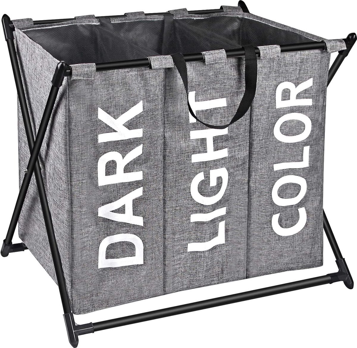CGPN 3-delige wasmand Dikke katoenen linnen mesh-bundeltas met handgrepen voor thuis Ijzer X-frame met zwart schilderij Opvouwbaar, grijs