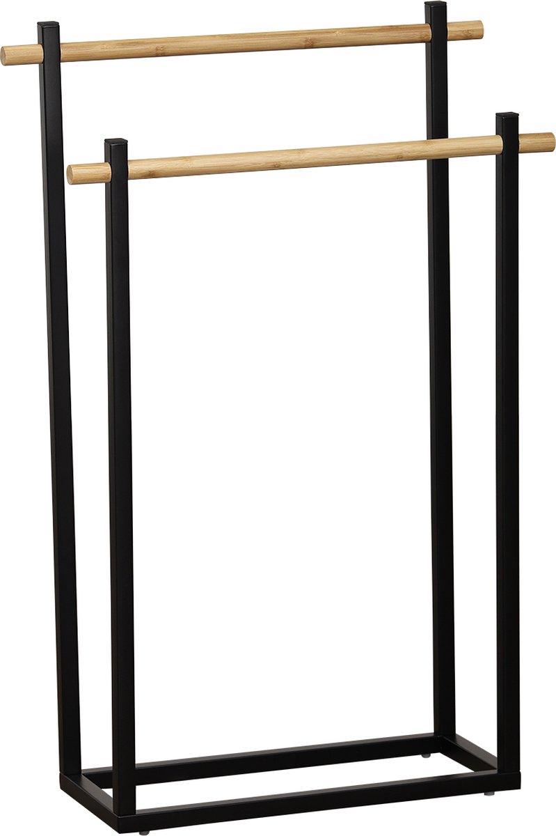 Rechthoekige Metalen Handdoekrekken 2 Bamboe Bars - Zwart/bamboe