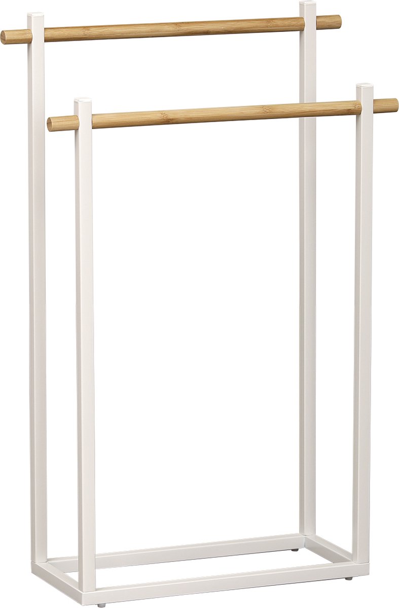 Rechthoekige Metalen Handdoekrekken 2 Bamboe Bars - Wit/bamboe