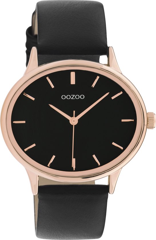 OOZOO Timpieces - rosé goudkleurige horloge met zwarte leren band - C11054
