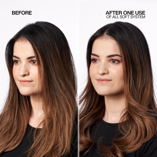 Photo avant/après d'une femme aux cheveux bruns. Ses cheveux sont plus brillants et plus pleins après le traitement.