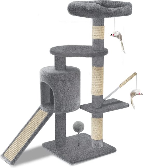VOUNOT Krabpaal Stabiele Kattenboom Klimboom Voor Katten, Met Platforms Hol Sisal Touw 115 Cm Grijs 750566913