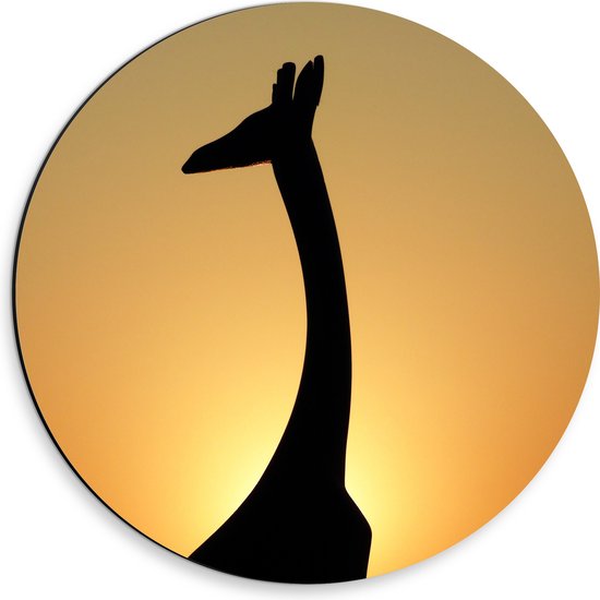 WallClassics - Dibond Muurcirkel - Silhouette van Giraf voor Zonsondergang - 30x30 cm Foto op Aluminium Muurcirkel (met ophangsysteem)