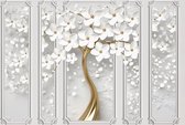 Fotobehang - Magische Boom met Bloemen tussen de Panelen - Magic Magnolia - Vliesbehang - 208 x 146 cm