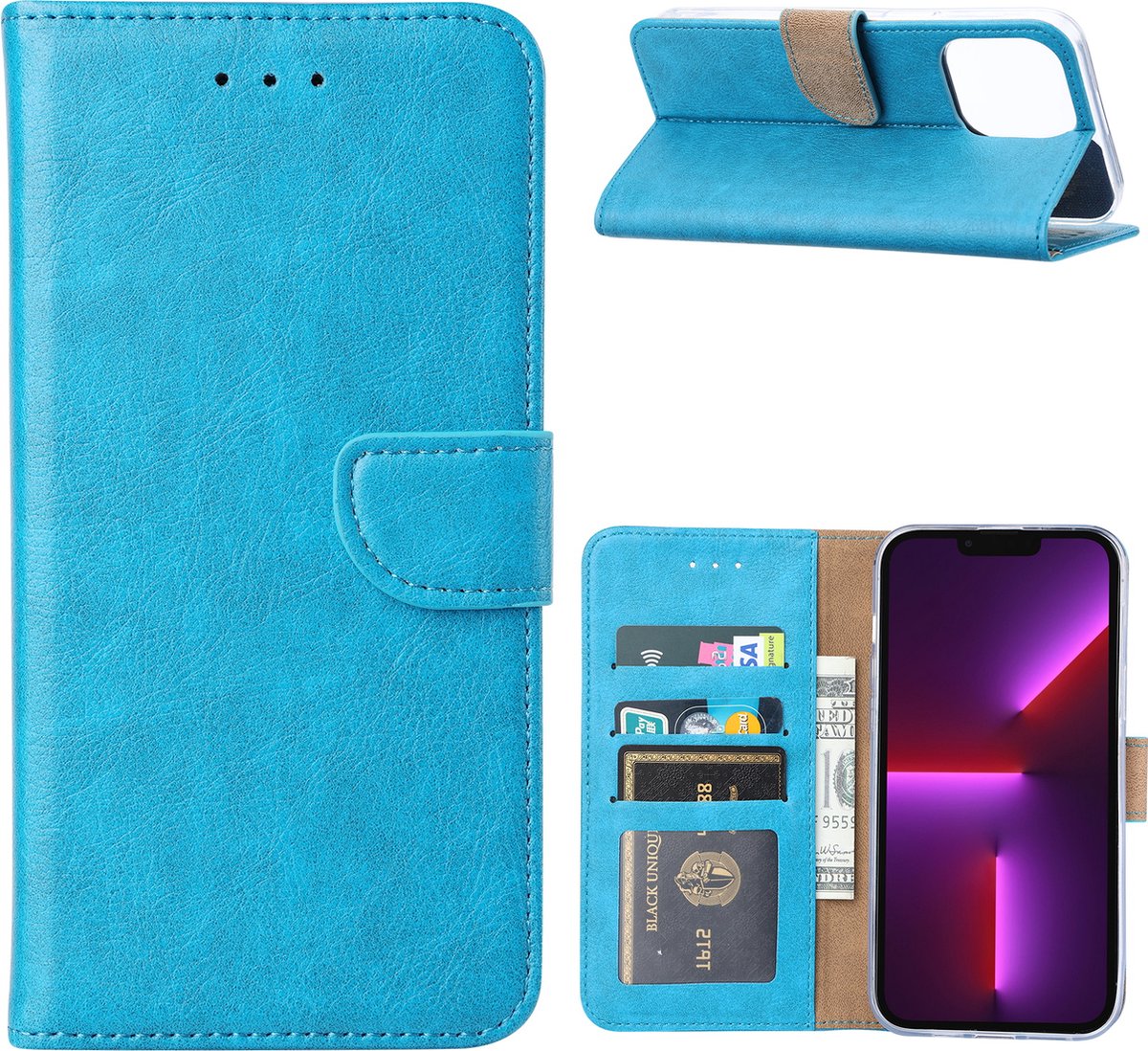 Phreeze Back Cover - Geschikt voor iPhone 14 Pro Hoesje - Book Case - Blauw - Met Pasjes Houder - Vegan Leder - Magnetische Sluiting