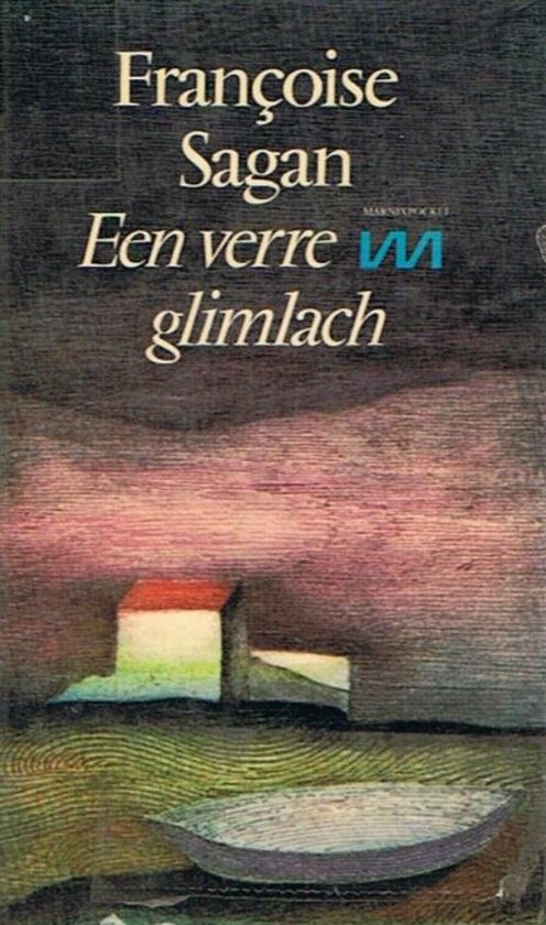 Boek 'Een verre glimlach' van Françoise Sagan met abstracte illustratie van huizen en een vijver.