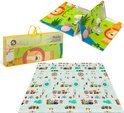 Set speelkleden: opbergtas, gevouwen kleed met dieren en uitgevouwen kleed met treinbaan.