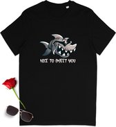 T-shirt rigolo avec imprimé requin et texte - Tshirt homme et femme - T-shirt Nice to meet you mesdames et messieurs - Tailles unisexe : S à 3XL - Couleurs chemise : noir et Frence Navy.