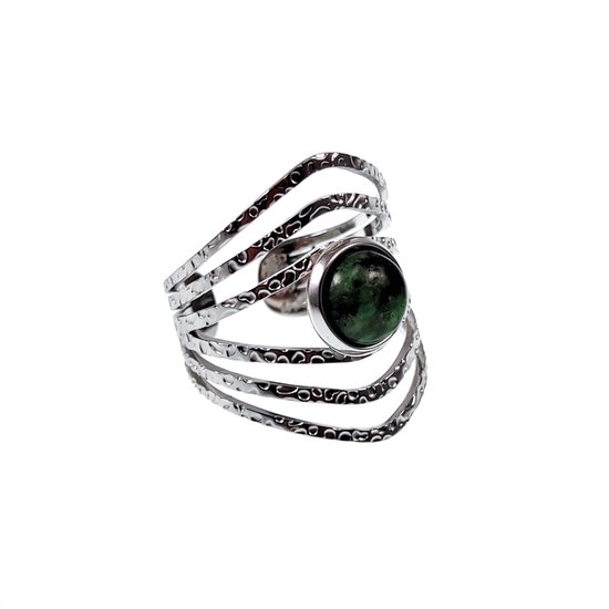 Ring met Steen Dames - Groen - RVS Zilverkleur - Brede Ring - Opengewerkte - Verstelbaar