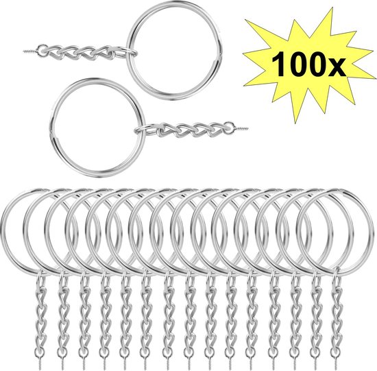 Fako Bijoux® - Sleutelringen Met Schroefje - Sleutelhanger Ringen - Splitringen Met Ketting - 25 mm - 100 Stuks