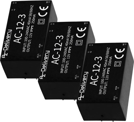 AZDelivery 3 x 220V tot 12V MiniVoeding compatibel met Raspberry Pi Inclusief EBook! bol