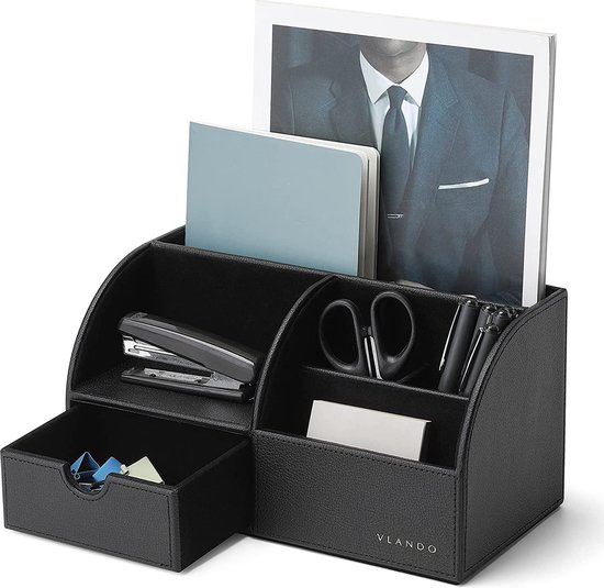Organisateur De Bureau En Cuir PVC Avec 4 Compartiments - 18.3x18.3x9.4 Cm - Pour Fournitures, Cosmétiques, Bijoux - Multifonction
