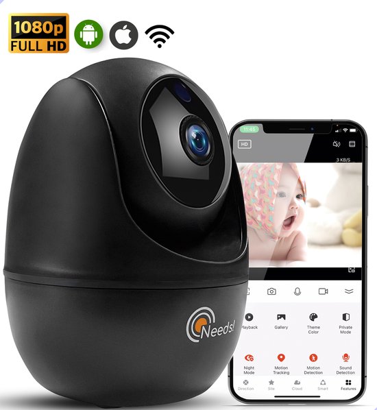 Needs!® Full HD Wifi Babyfoon met Camera WS-Q100BL PRO - En App - Camera Beveiliging – Wifi Camera – Geluid en Bewegingsdetectie - Automatisch Volgen - 1080p – Babyfoon – 2.4GHZ – Zwart