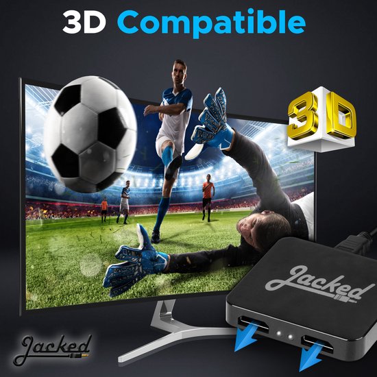 3D compatible HDMI splitter met twee lichtbundels, 4K Ultra HD logo, op een voetbalveld.