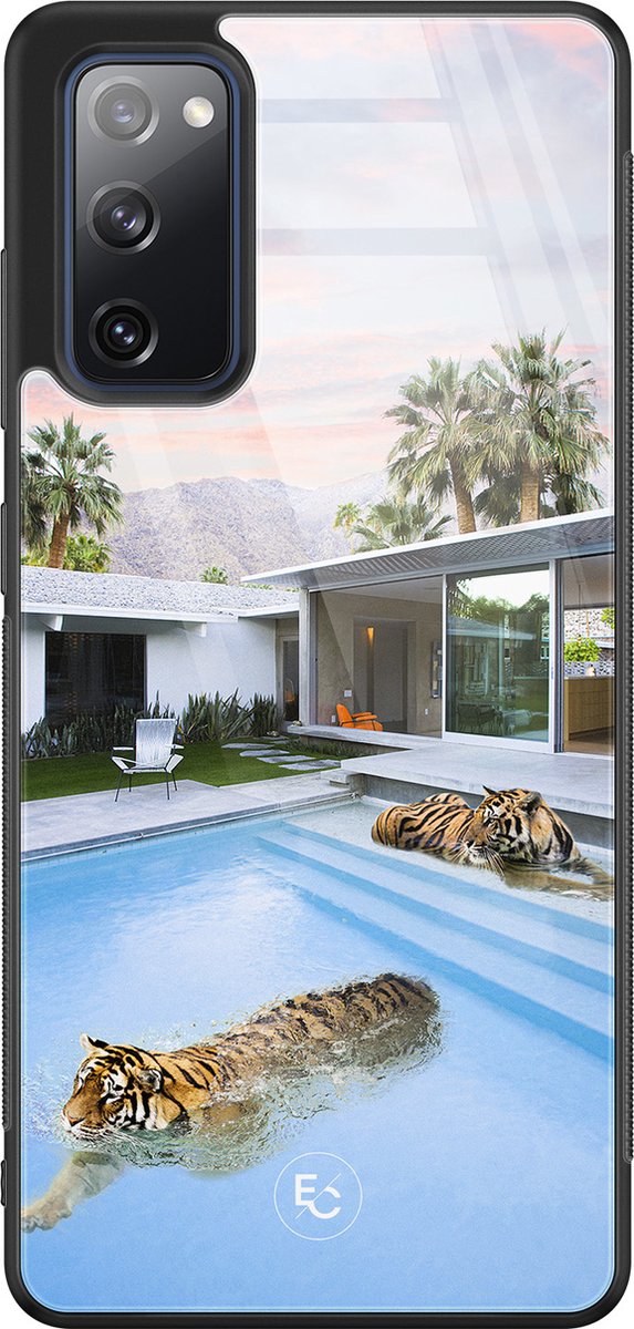 Hoesje geschikt voor Samsung Galaxy S20 FE - Tijger zwembad - Hard Case Zwart Back Cover - Print - Blauw - ELLECHIQ