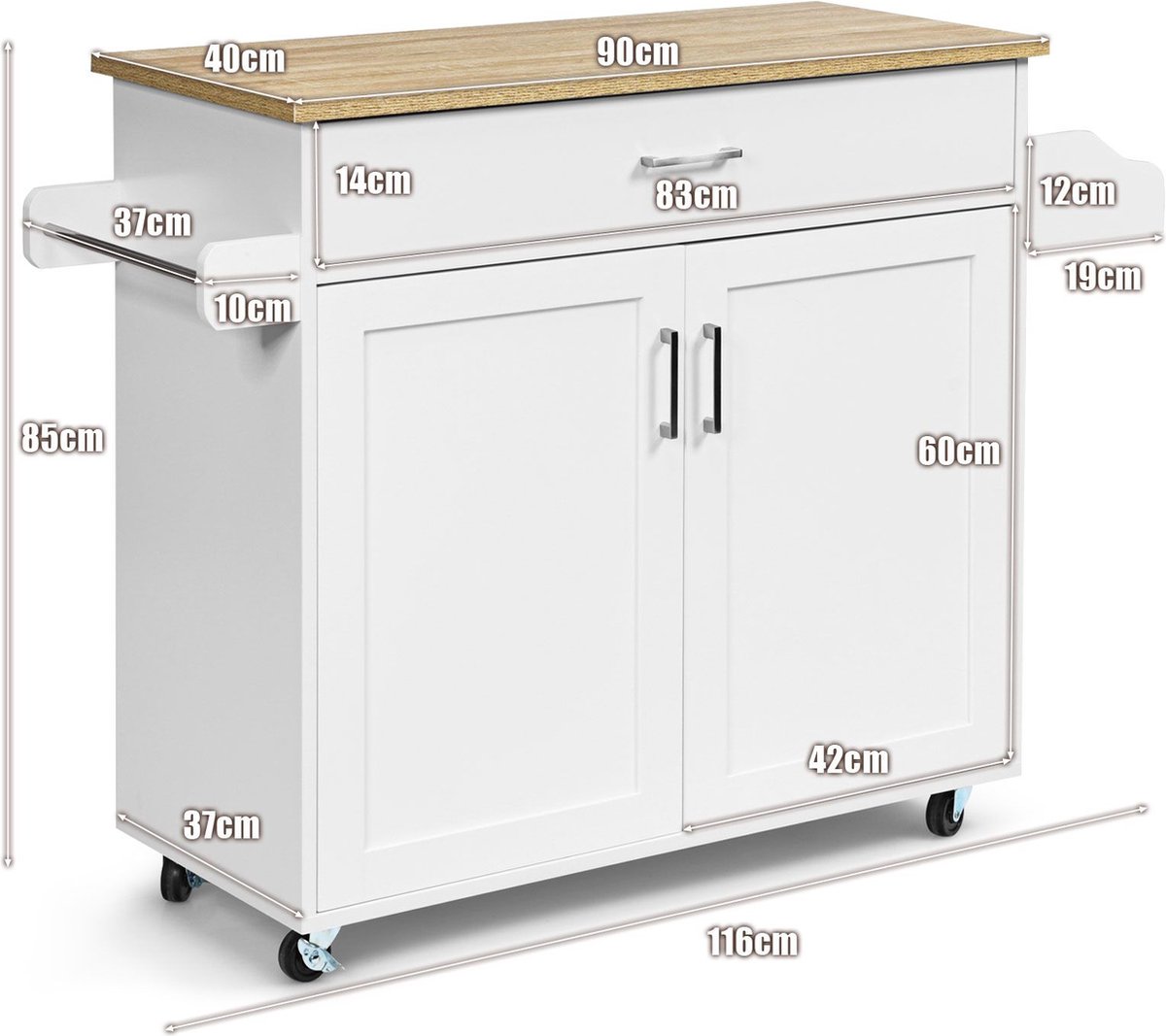 Keukenkast met deur - 110 x 42 x 90 cm - keukentrolley met 3 laden - MDF - zwart