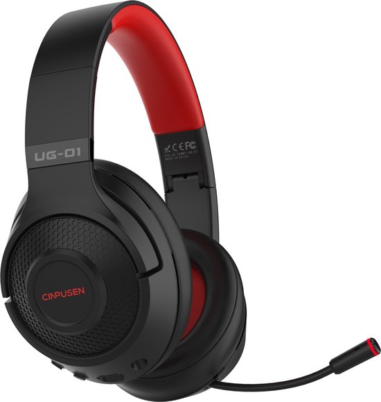 Woegel UG-01 – casque de jeu sans fil – sur l'oreille – brancher et débrancher le micro – compatible avec n'importe quel appareil – PS4, PS5 – noir-rouge