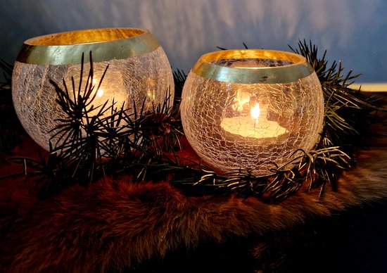 Alinterieur - Kerst - Set van 2 Theelichthouders/Waxines - Rond - Transparant met gouden rand - Smal en Medium