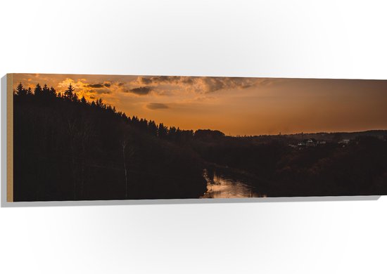 WallClassics - Hout - Rivier tussen de Bossen met Zonsondergang - 120x40 cm - 12 mm dik - Foto op Hout (Met Ophangsysteem)