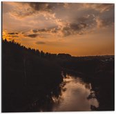 WallClassics - Dibond - Rivier tussen de Bossen met Zonsondergang - 50x50 cm Foto op Aluminium (Wanddecoratie van metaal)