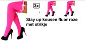 3x Stay up kousen fluor roze met strikje - maat 36-42 - kniekousen fluor roze overknee kousen sportkousen cheerleader carnaval voetbal hockey unisex festival