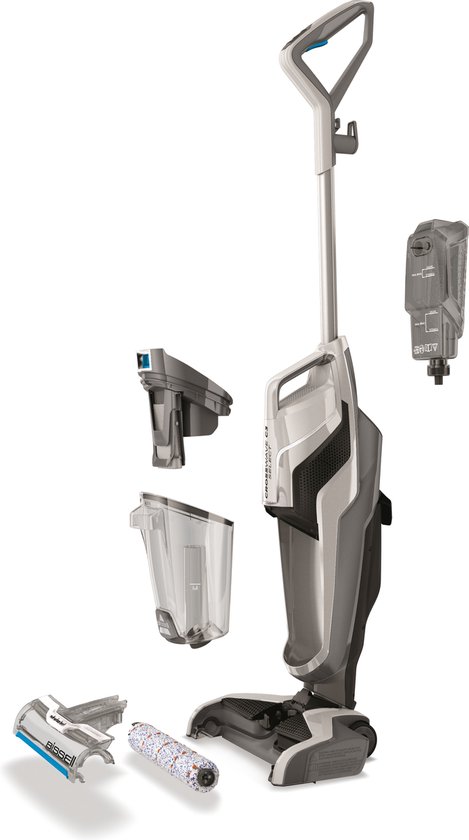 Zilverkleurige Bissell Crosswave C3 Select steelstofzuiger met losse onderdelen: reservoir, borstels en accu.