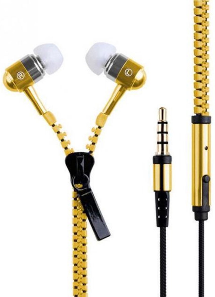 Koptelefoon met ritssluiting - Basmonitor - Metalen in-ear Hoofdtelefoons met microfoon voor MP3, mobiele telefoons en pc - Geel