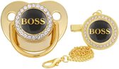 Fopspeen met clip- BOSS - 0 - 18 Maanden - Zwart / Goud - Silica gel - Luxe fopspeen met diamanten - Baby geschenk