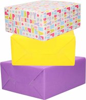 3x Rollen kraft inpakpapier geel/paars/happy birthday 200 x 70 cm - cadeaupapier / kadopapier / boeken kaften